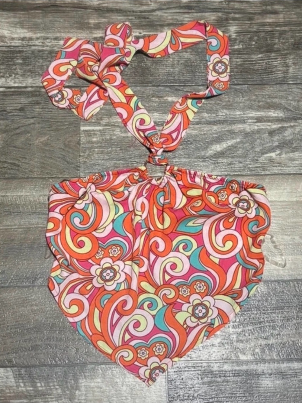 SHEIN Retro Floral Halter Crop Top - Pink Orange Teal